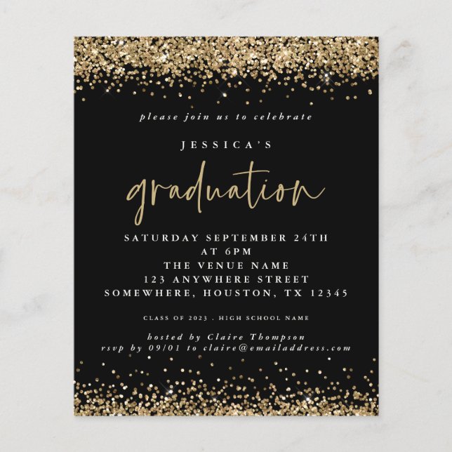 Budget Black Gold Glitter 2024 Graduation Invite (Front)