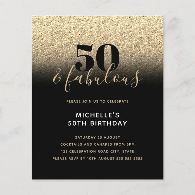 Budget Black Gold Glitter 50th Birthday Invitation Flyer (Front)