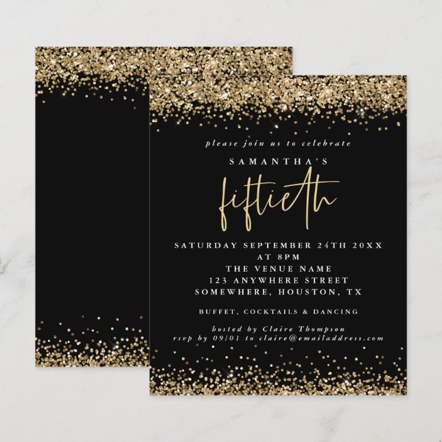 Budget Black Gold Glitter 50th Party Invitation (Front/Back)