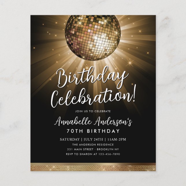 Budget Black Gold Glitter 70s Disco Ball Birthday (Front)