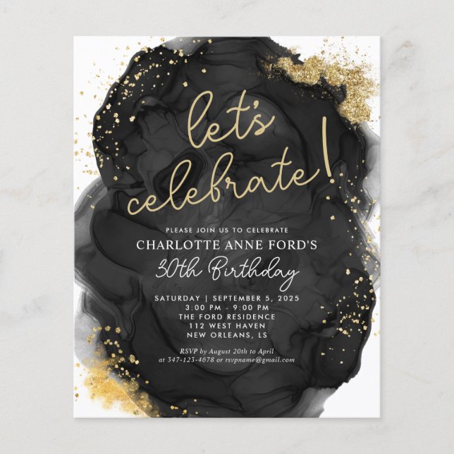 Budget Black Gold Glitter Alcohol Ink Birthday (Front)