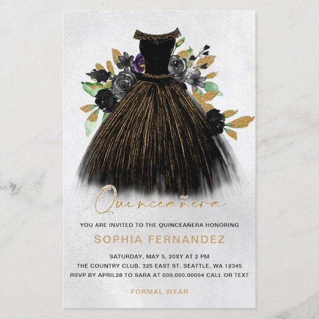 Budget Black Gold Glitter Dress Quinceañera Invite (Front)