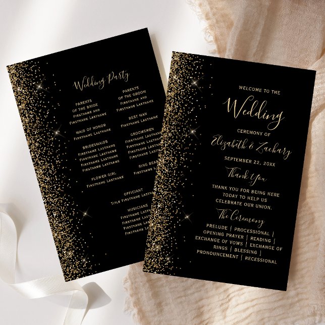 Budget Black Gold Glitter Edge Wedding Program (Creator Uploaded)