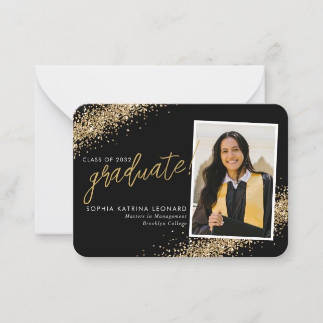 Budget Black Gold Glitter Grad Photo Graduation Card (Front)