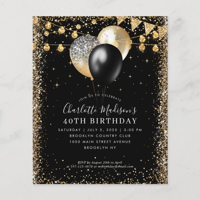 Budget Black Gold Glitter Lights Balloon Birthday (Front)