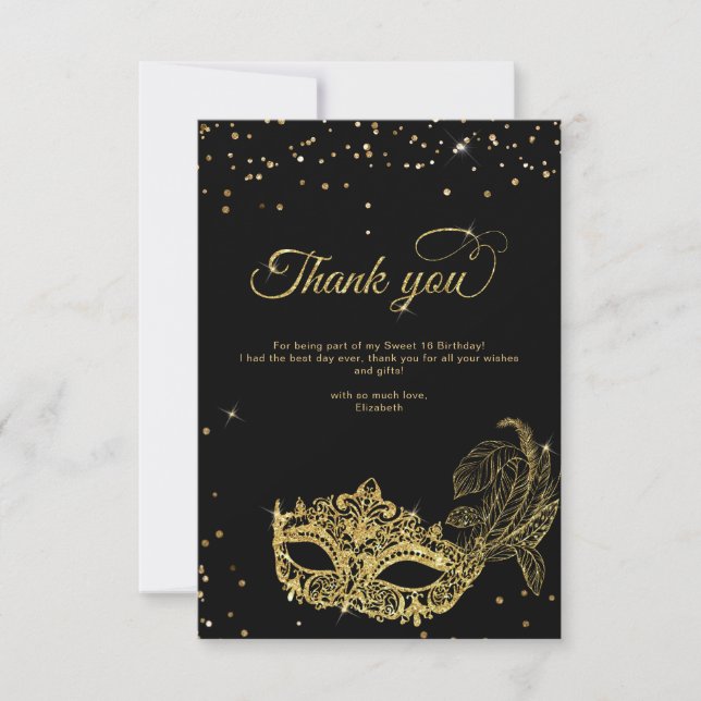 BUDGET Black Gold Glitter Masquerade Thank You Card (Front)