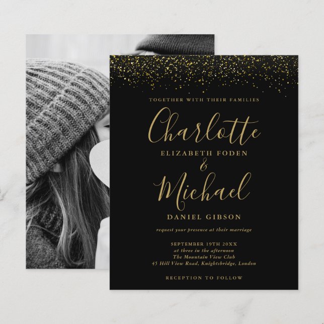 Budget Black Gold Glitter Photo Wedding Invite (Front/Back)