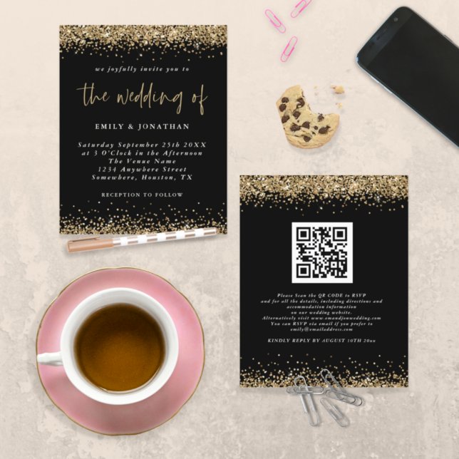 Budget Black Gold Glitter QR Code Wedding Invite (Creator Uploaded)