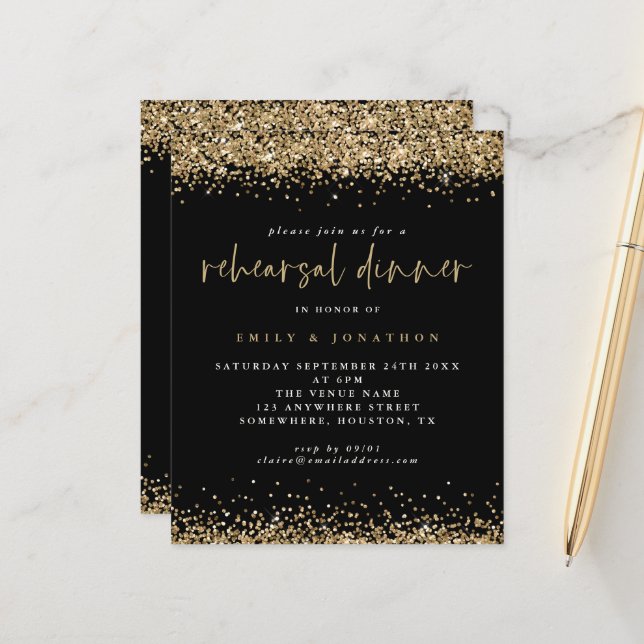 Budget Black Gold Glitter Rehearsal Dinner Invite (Front/Back In Situ)