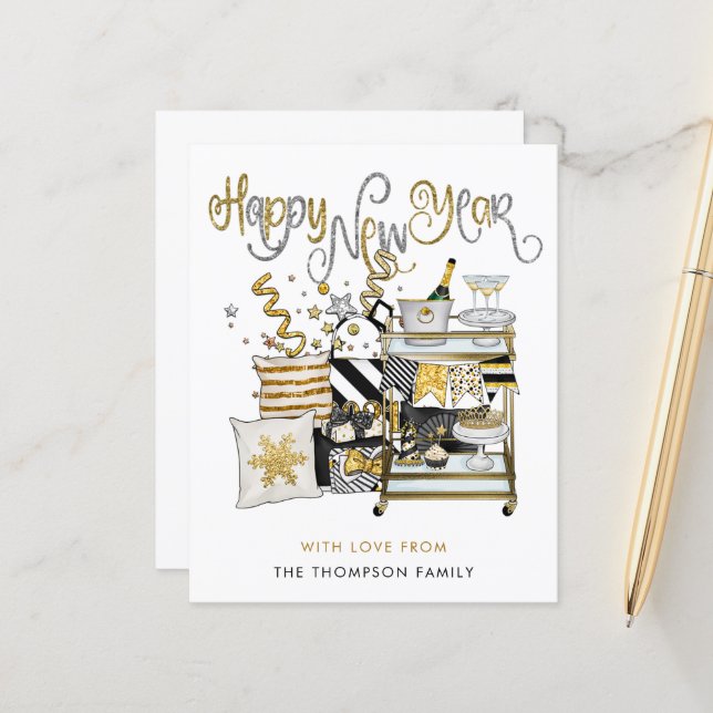 BUDGET Black Gold Glitter Script Happy New Year (Front/Back In Situ)