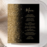 Budget Black Gold Glitter Wedding Menu<br><div class="desc">The left-hand edge of this elegant modern wedding menu features a gold faux glitter border. The customisable text combines gold-coloured whimsical handwriting script and copperplate fonts on a black background. The reverse side features a matching black and gold glitter design.</div>