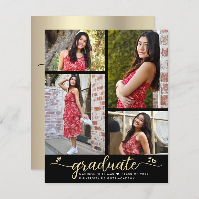 Budget Black Gold Graduation 4 Photo Script Invite (Front/Back)