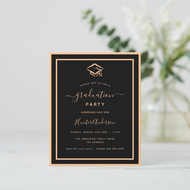 Budget black gold graduation party invitation (Standing Front)