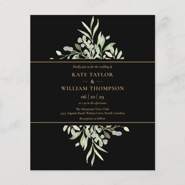 Budget Black Gold Greenery Wedding Photo Invite (Front)