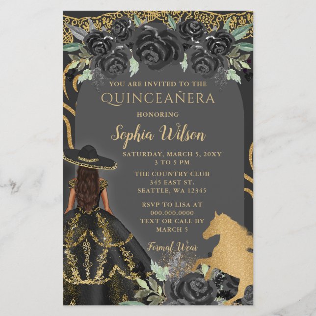 Budget Black Gold Horse Floral Charra Quinceañera (Front)