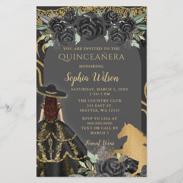 Budget Black Gold Horse Floral Charra Quinceañera (Front)