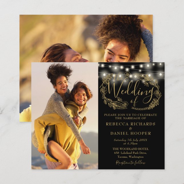 Budget Black Gold Lights 2 Photo Wedding Invite (Front/Back)