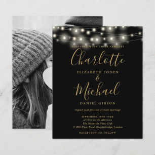 Budget Black Gold Lights Photo Wedding Invitation