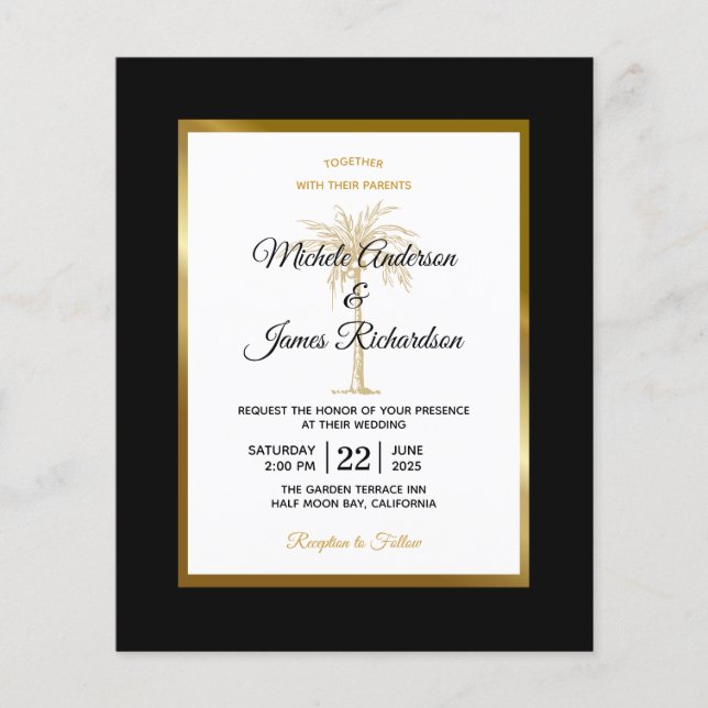 Budget Black Gold Palm Tree Wedding Invitation (Front)