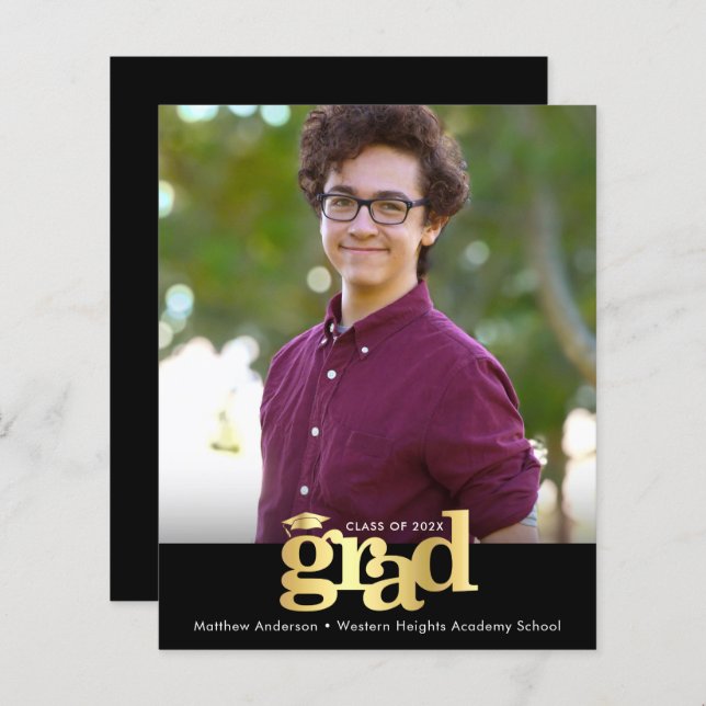 Budget Black Gold Photo Graduation Bold Cap Invite (Front/Back)