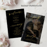 Budget black gold photo wedding program flyer<br><div class="desc">Modern simple minimalist faux gold script trendy solid black ceremony and party cheap BUDGET wedding program paper flyer template featuring chic trendy romantic elegant calligraphy and custom photo overlay on the backside. Easy to personalise with your custom text and picture on both sides! PLEASE READ THIS BEFORE PURCHASING! This is...</div>