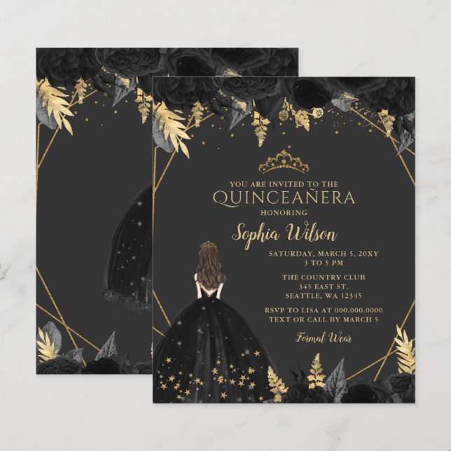Budget Black Gold Princess Quinceañera Invitation (Front/Back)