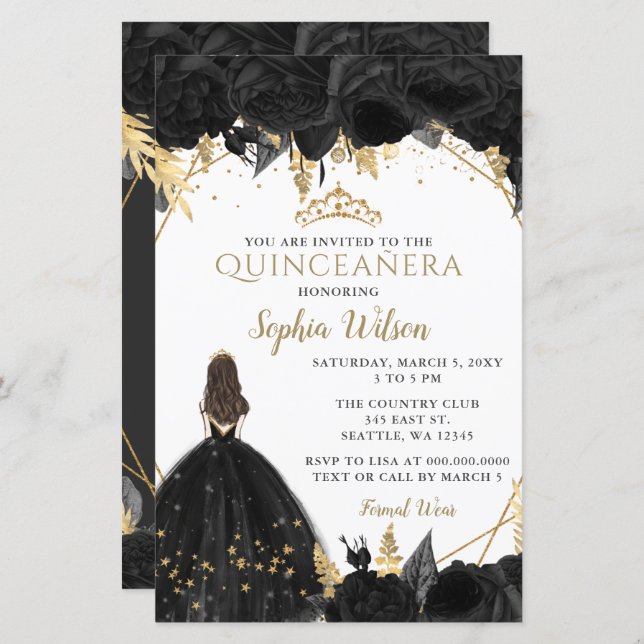 Budget Black Gold Princess Quinceañera Invitation (Front/Back)