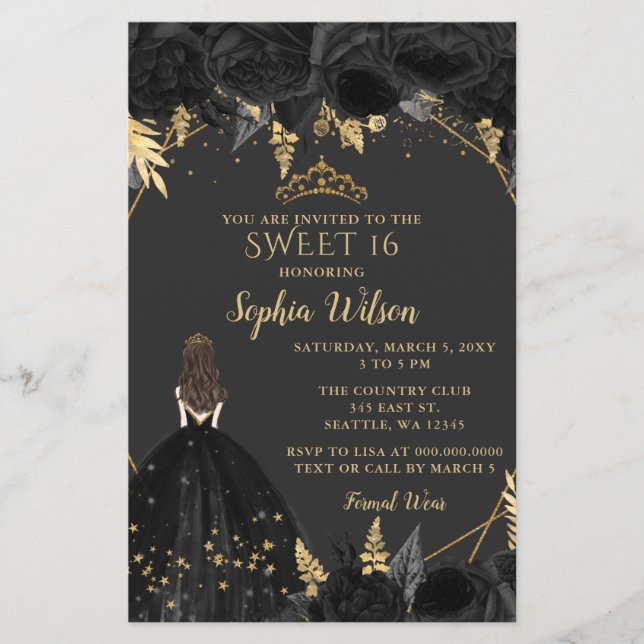 Budget Black Gold Princess SWEET 16  Invitation (Front)