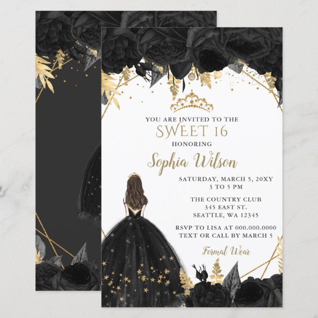 Budget Black Gold Princess SWEET 16  Invitation (Front/Back)