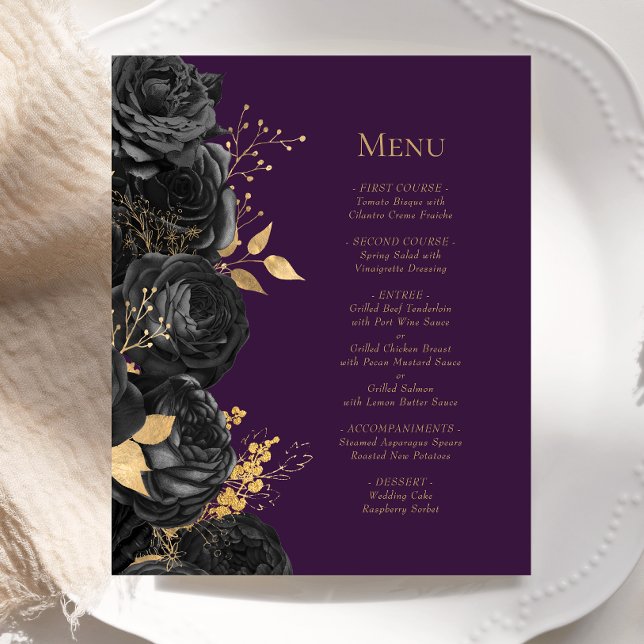 Budget Black Gold Purple Floral Wedding Menu (Creator Uploaded)