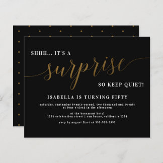 Budget Black & Gold Script Surprise Birthday Party