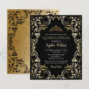 Budget Black Gold Tiara Quinceañera Invitation