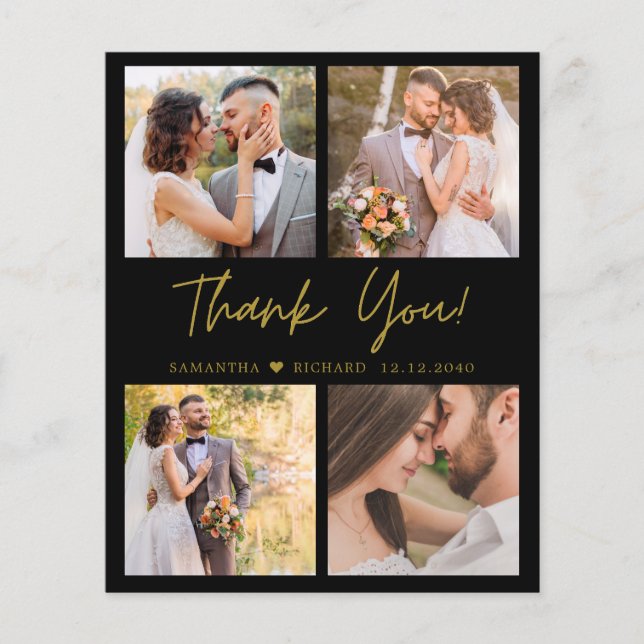 Budget Black Gold Wedding Thank You 4 Photo (Front)
