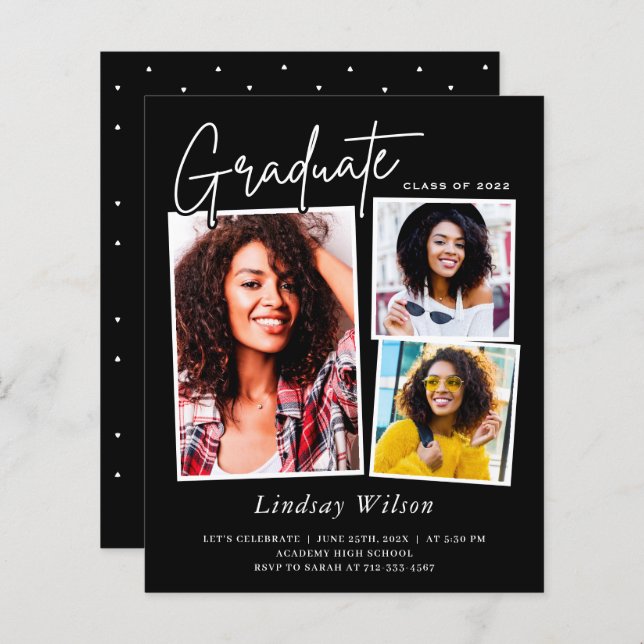 Budget Black Grad 3 Photo Graduation Invitations (Front/Back)