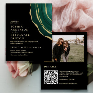 Budget black green Photo QR code wedding invite