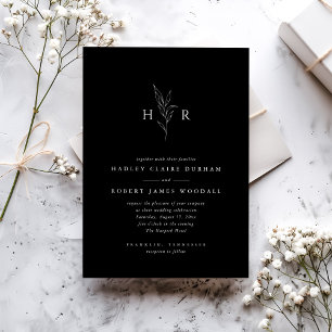 Budget Black Minimal Monogram Botanical Wedding Invitation