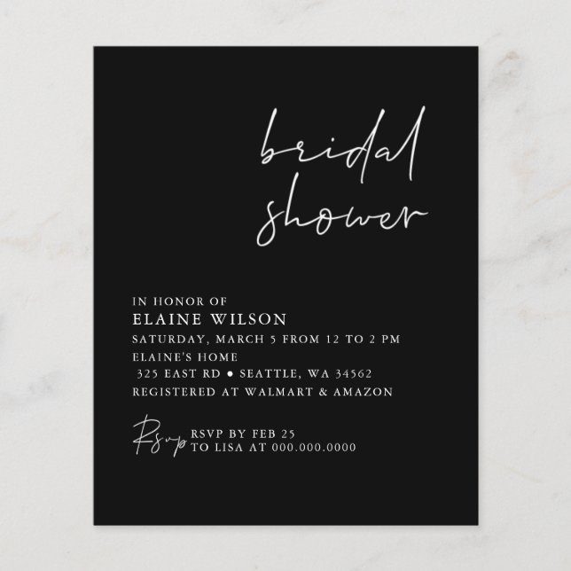 Budget Black Modern Bridal Shower Invitation (Front)