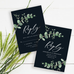 Budget black modern chic eucalyptus wedding RSVP Card