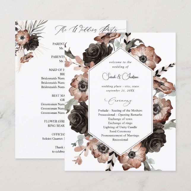 Budget Black & Natural Floral Boho Wedding Program (Front/Back)