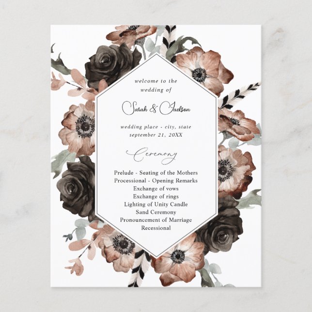 Budget Black & Natural Floral Boho Wedding Program Flyer (Front)