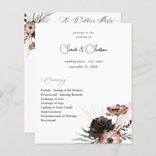 Budget Black &NaturalFloral Boho Wedding Program 2 (Front/Back)