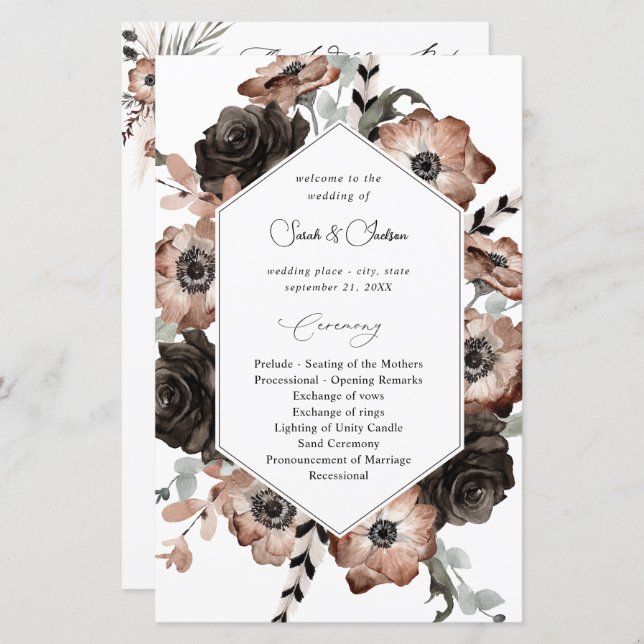 Budget Black &NaturalFloral Boho Wedding Program M (Front/Back)