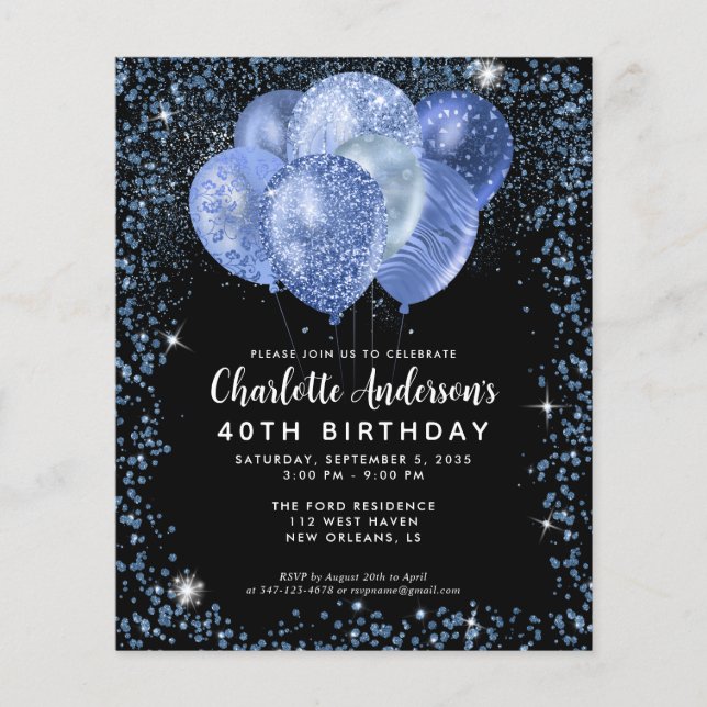 Budget Black Navy Blue Glitter Balloon Birthday Flyer (Front)