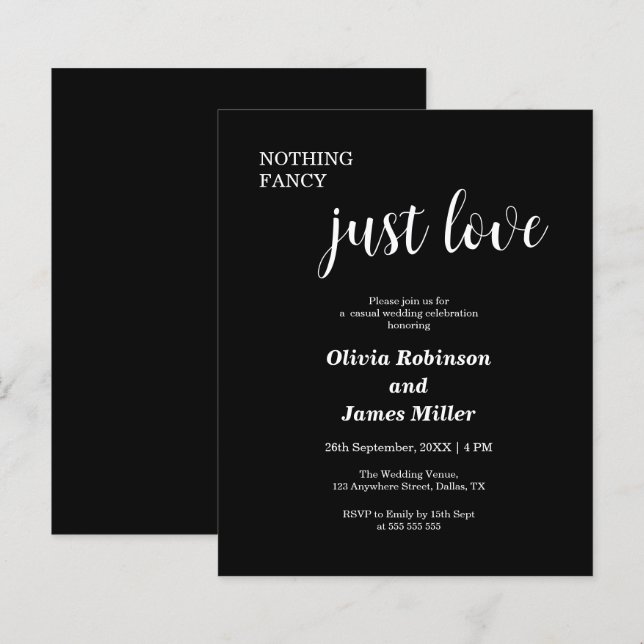 Budget Black Nothing Fancy Just Love WeddingInvite (Front/Back)