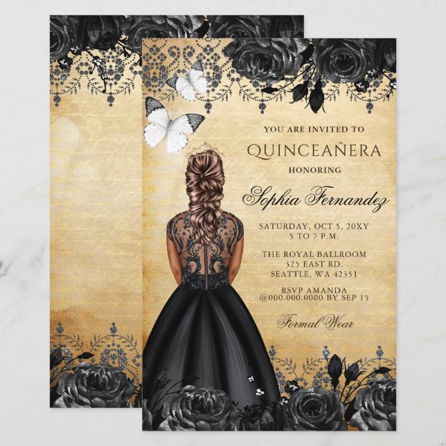 Budget Black Princess Quinceañera Invitation (Front/Back)