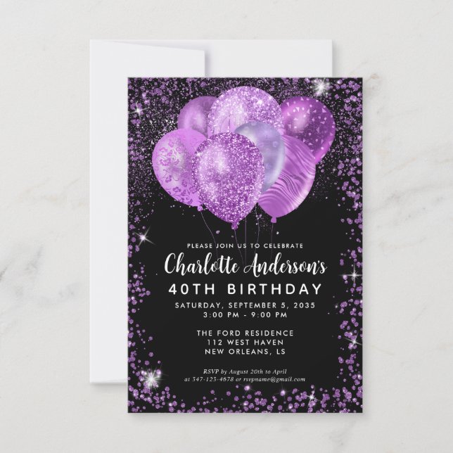 Budget Black Purple Glam Glitter Balloon Birthday Card (Front)