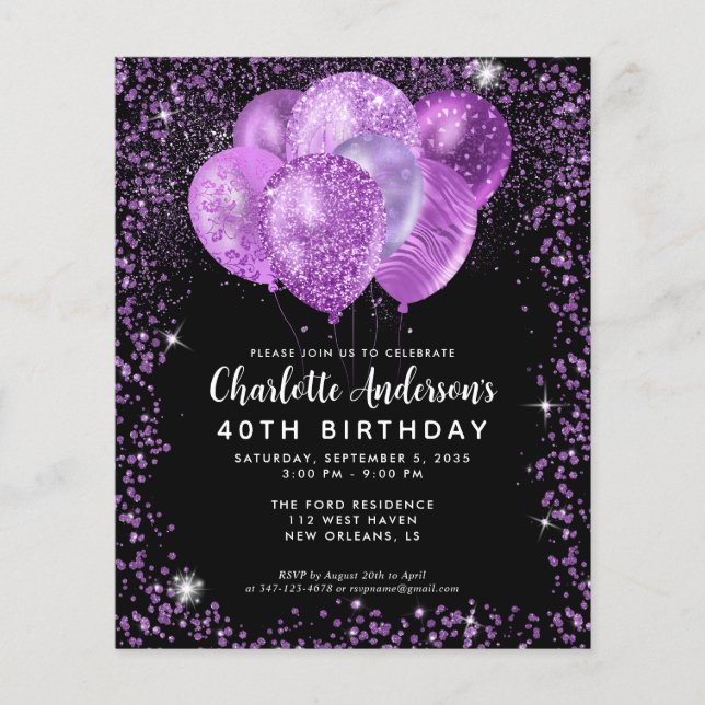 Budget Black Purple Glam Glitter Balloon Birthday Flyer (Front)