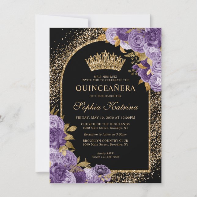 Budget Black Purple Violet Gold Floral Quinceanera Card (Front)