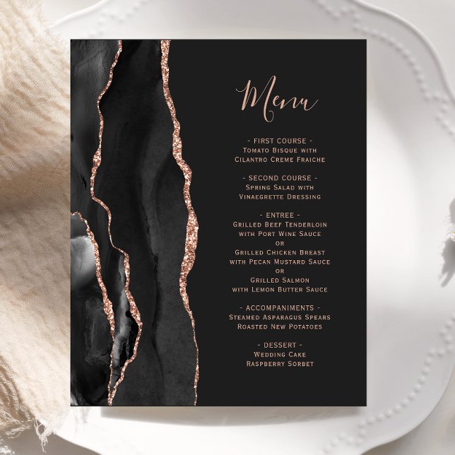 Budget Black Rose Gold Agate Dark Wedding Menu (Creator Uploaded)
