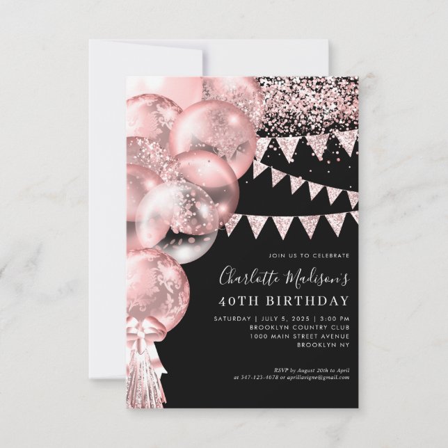 Budget Black Rose Gold Balloon Any Age Birthday Card (Front)